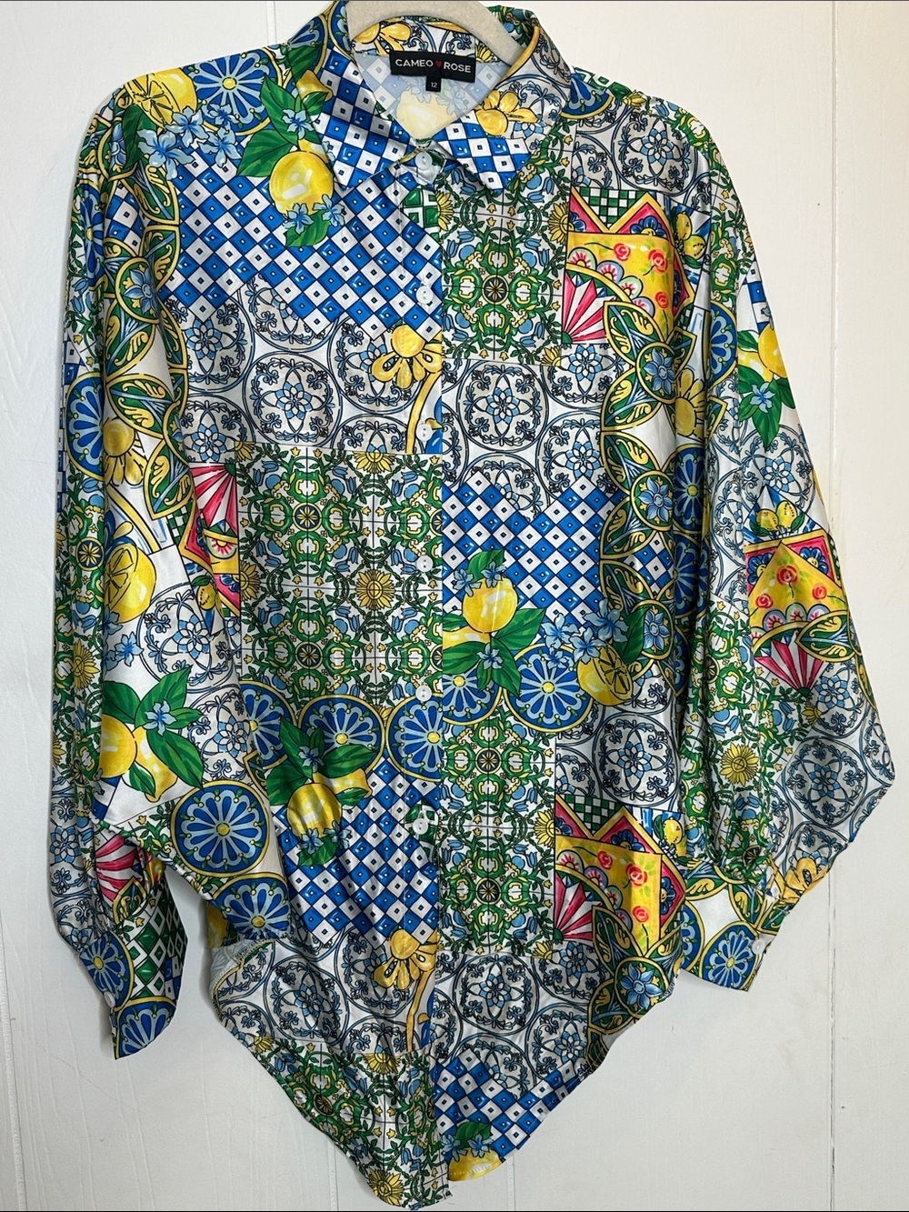 Tie-Front Printed Blouse in Blue, Yellow & Green - Picture 3 of 8